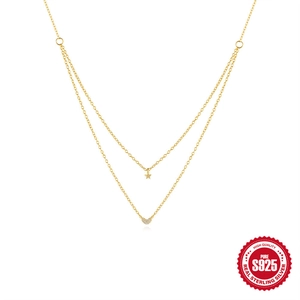 925 Sterling Silver Double Layer Necklace With Heart Star Zircon Pendants Gold Plated For Women