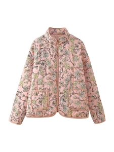 Detail of floral print quilted jacket with stand collar and double front pockets
