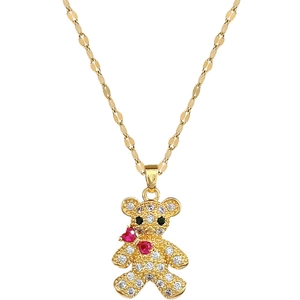 Elegant gold titanium steel necklace featuring a sparkling teddy bear pendant with red bow