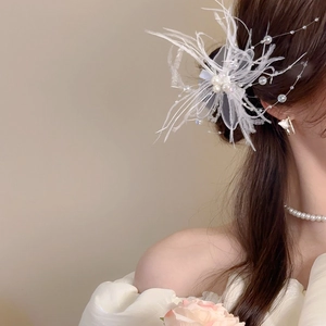 Détail d'une pince à cheveux élégante en plumes blanches avec perles et dentelle