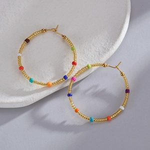 Rainbow beaded 14K gold plated titanium steel hoop earrings for a stylish look