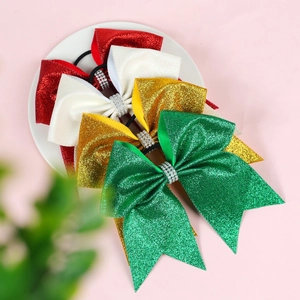 Glittery bow hair ties with rhinestones in red, white, gold and green colors