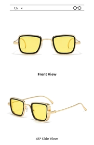 Front and 45-degree views of vintage square metal sunglasses with yellow lenses