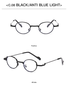 Detailed views of black round frames with anti-blue light lenses and C.08 model marking