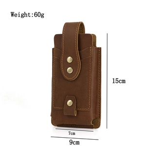 Detailed dimensions of brown crazy horse leather phone holster with dual snap closure