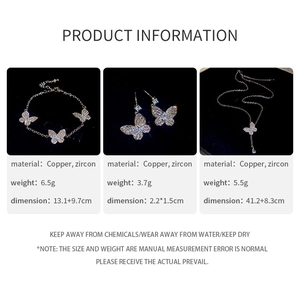 Detailed size and material chart for butterfly zircon jewelry set including weight info
