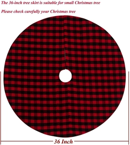 Flat lay view of a 36-inch red and black buffalo plaid Christmas tree skirt decoration