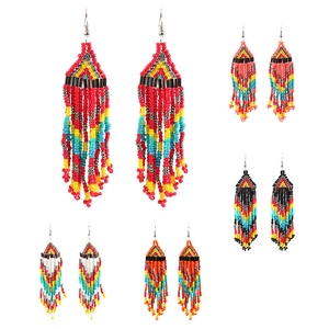 5 pairs of bohemian multi-layered seed bead tassel earrings in various vibrant colors