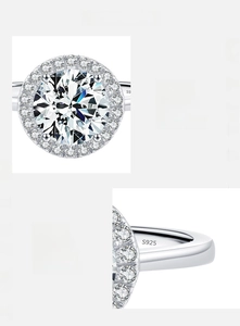 Macro detail of S925 sterling silver ring showing halo cubic zirconia and S925 hallmark