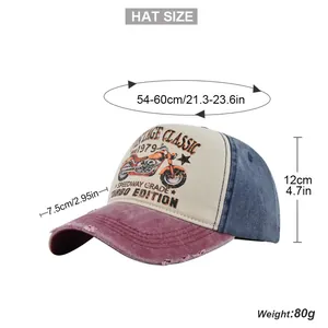 Detailed sizing chart for motorcycle baseball cap showing brim length and head circumference