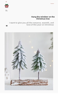 Detail of snowy mini Christmas trees on a rustic wooden base for festive home decor