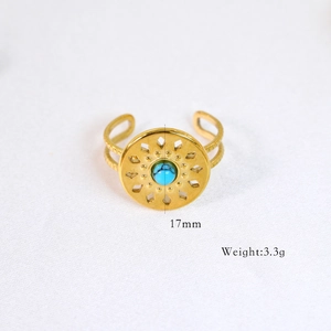 Detailed macro view of 14k gold plated turquoise ring with 17mm diameter and 3.3g weight