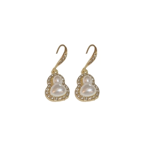 Creative gourd earrings with faux pearls and sparkling crystals in gold plating