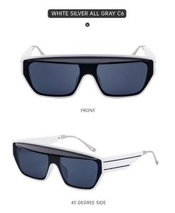 Front and side view of square white sunglasses with silver metal temples and gray lenses