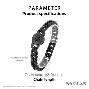 Polished black stainless steel curb chain bracelet with skull emblem detail measurements