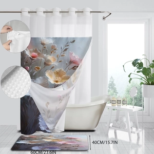 Waterproof floral shower curtain with matching anti-slip bath mat in a modern bathroom