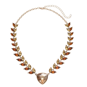 Vintage gold necklace with amber rhinestone wheat leaves and teardrop crystal pendant