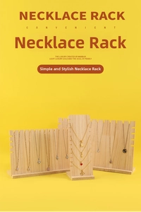 Multiple views of natural solid wood necklace display stands on a vibrant yellow background