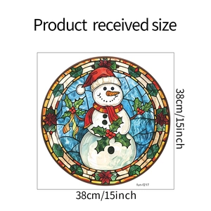 Detailed 38cm circular Christmas snowman window sticker with red hat and holly pattern
