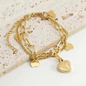 Stainless Steel Heart Charm Bracelet Double Layer O-Link And Fine Chain 18K Gold Plated Fashion Jewelry For Women
