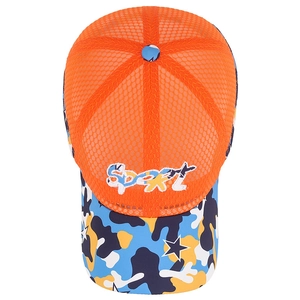 Kids orange mesh baseball cap with blue camo brim and embroidered sport text