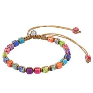 Colorful emperor stone braided yoga bracelet with adjustable rope and silver floral charm