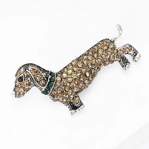 Sparkling silver dachshund puppy brooch with brown rhinestones and green collar
