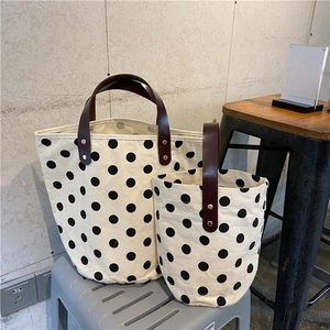 French Retro Polka Dot Canvas Handbag With Leather Handle Bucket Tote For Women Daily Casual Lunch Box Bag