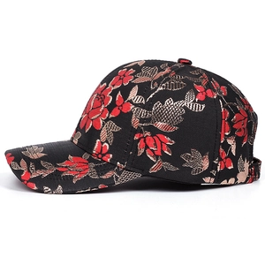 Ethnic style black baseball cap with red and gold floral jacquard embroidery pattern
