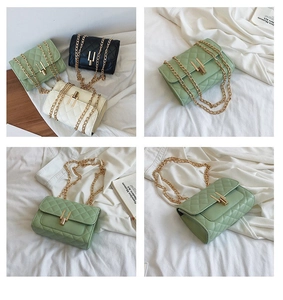 Close-up of quilted crossbody bags with gold chain straps in green, black, and beige