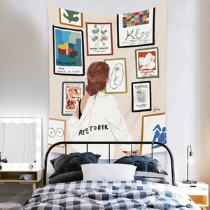 Detail view of Bohemian tapestry featuring artistic illustrations for home bedroom decor