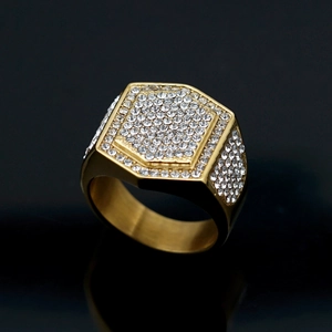 Luxurious 18K gold plated stainless steel hip hop ring for men with clear iced-out crystals