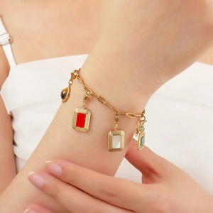 Golden titanium steel chain bracelet with colorful natural stone and enamel charms