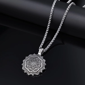 Polished silver Viking Mandala pendant necklace with intricate vintage tribal design