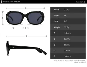 Detailed technical size chart for oval PC frame sunglasses with dimensions and weight specs
