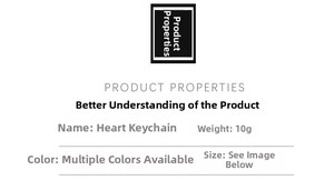 Detailed specification list for colorful acrylic heart keychain showing size and weight