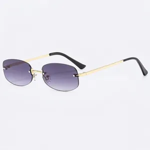Frameless fashion sunglasses with purple gradient lenses and gold metal temples