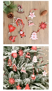 Detail view of festive wooden Christmas ornaments featuring reindeer and tree patterns