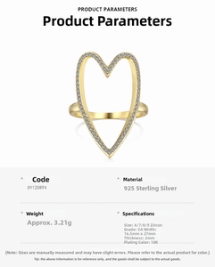 Detailed spec sheet showing S925 sterling silver hollow heart ring with 5A cubic zirconia