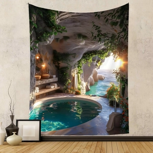 Detail view of Bohemian wall tapestry with surrealist cave and sea sunset print