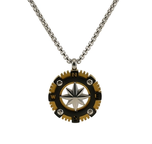 Detail of tricolor compass pendant with gold gear border and silver star center starburst