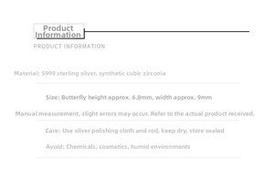 Detailed specifications of S999 sterling silver butterfly stud earrings with dimensions