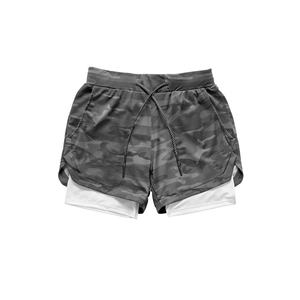Men's double-layer mesh running shorts in grey camouflage with breathable white lining