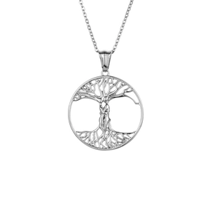 Polished stainless steel Tree of Life necklace featuring intertwined figures pendant