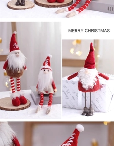 Detailed view of handmade Christmas gnomes with telescopic legs and knit hat details