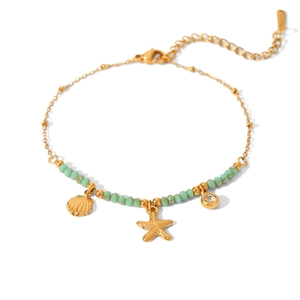 18K gold stainless steel bracelet with starfish shell pendants and green natural stones
