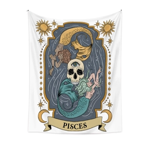 Detail of Pisces zodiac tapestry featuring celestial motifs, skulls and mythical fish design