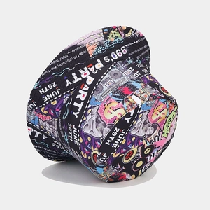 Top view of bucket hat with 90s party graffiti pattern and retro cassette tape design