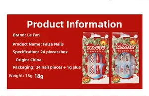 Macro detail of Christmas press-on nails packaging with 24 snowflake and candy cane tips
