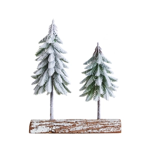 Miniature snow-flocked PE Christmas trees set on a natural wooden base for home decor